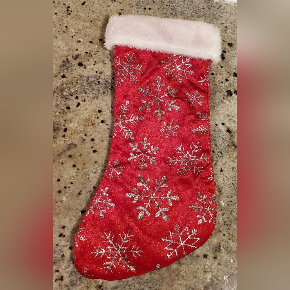 Silver‎ Glitter Snowflake Red Velvet Christmas Stocking 16"